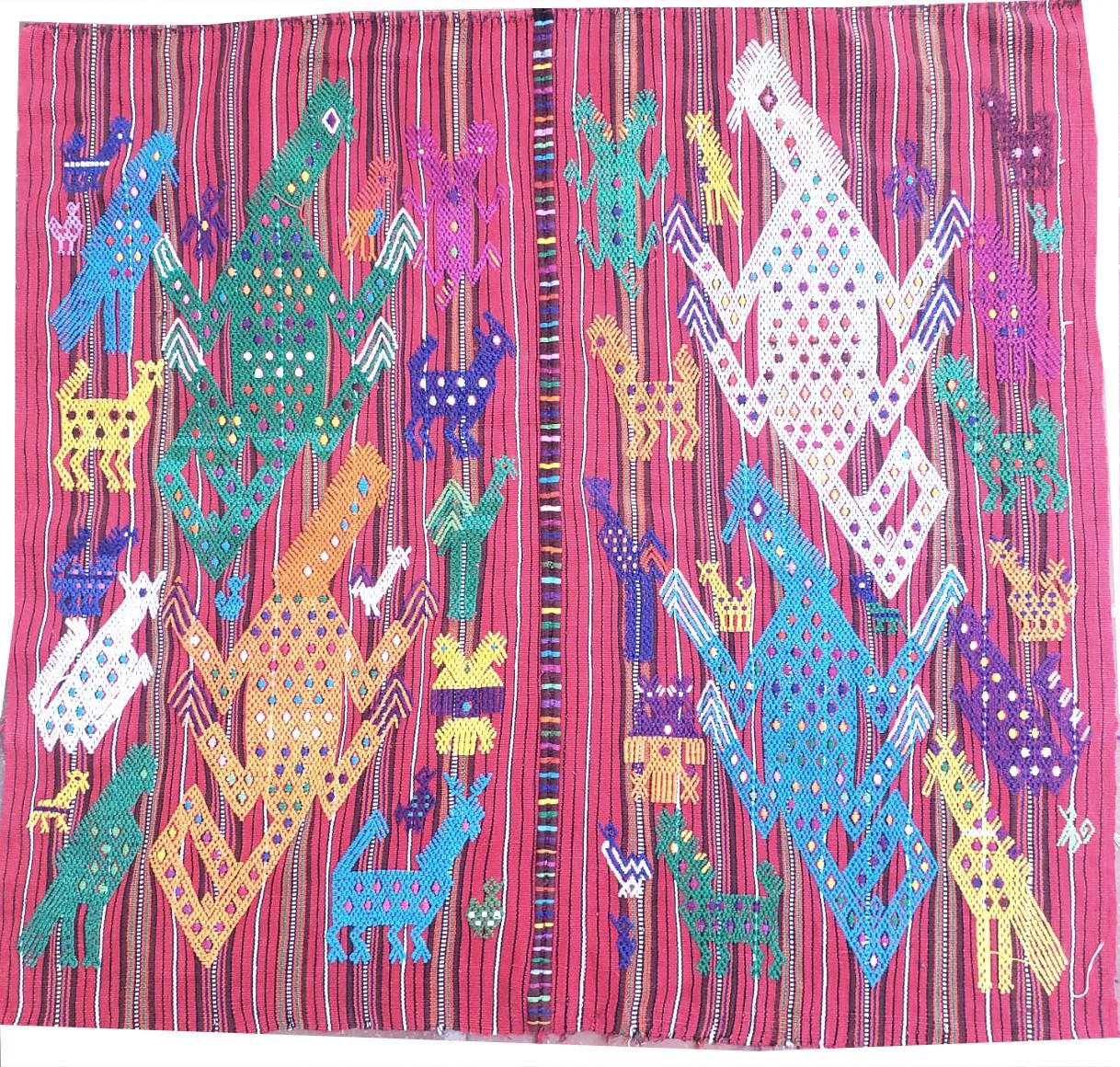 Guatemalan HORSES and LIZARDS TSUTE, Red Tablecloth - Chichicastenango Throw