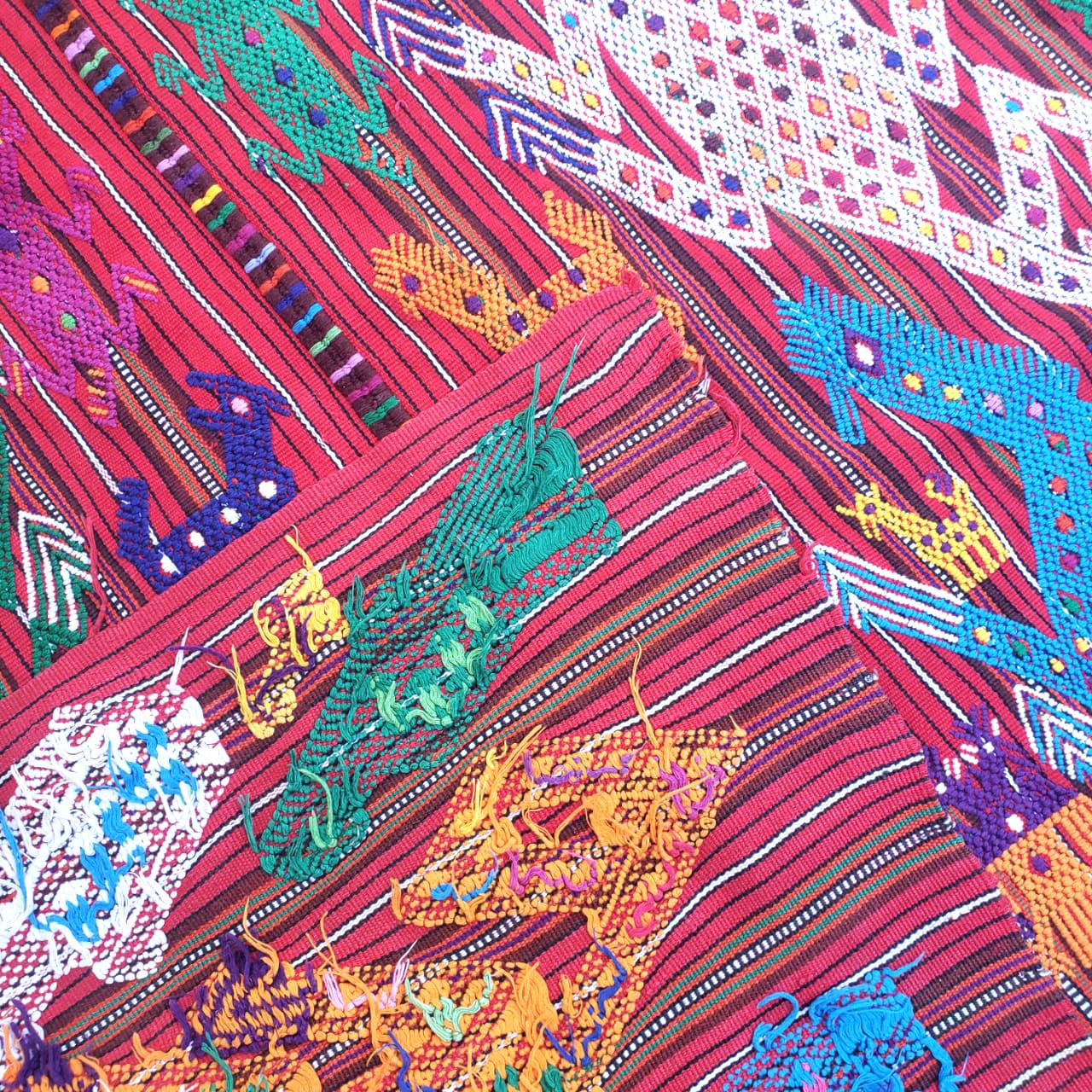 Guatemalan HORSES and LIZARDS TSUTE, Red Tablecloth - Chichicastenango Throw