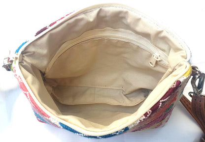 Guatemalan upcycled HUIPIL double sided COSMETIC PURSE leather wristlet