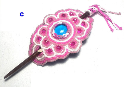 Czech Seed Bead Hair Clip Barrette: Guatemalan Leather & Wood