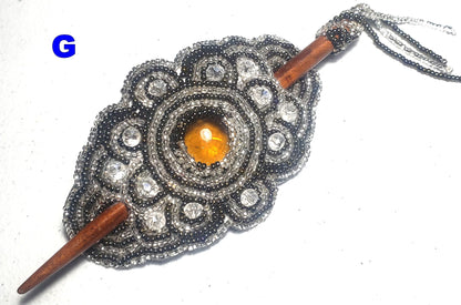 Czech Seed Bead Hair Clip Barrette: Guatemalan Leather & Wood