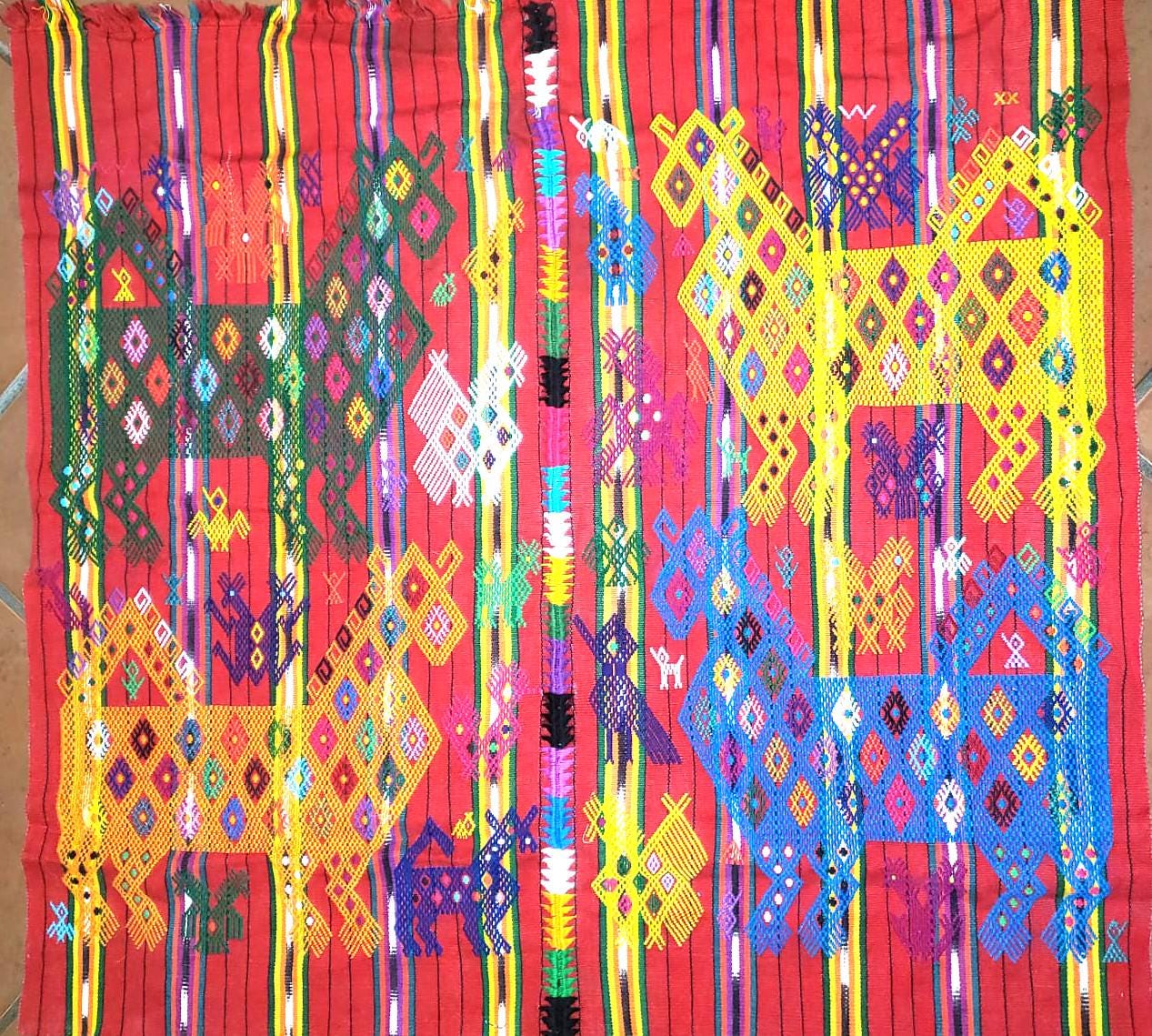 Guatemalan HORSES and LIZARDS TSUTE, Red Tablecloth - Chichicastenango Throw