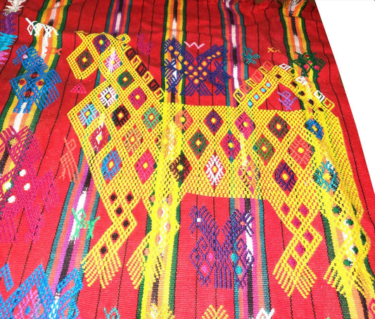 Guatemalan HORSES and LIZARDS TSUTE, Red Tablecloth - Chichicastenango Throw