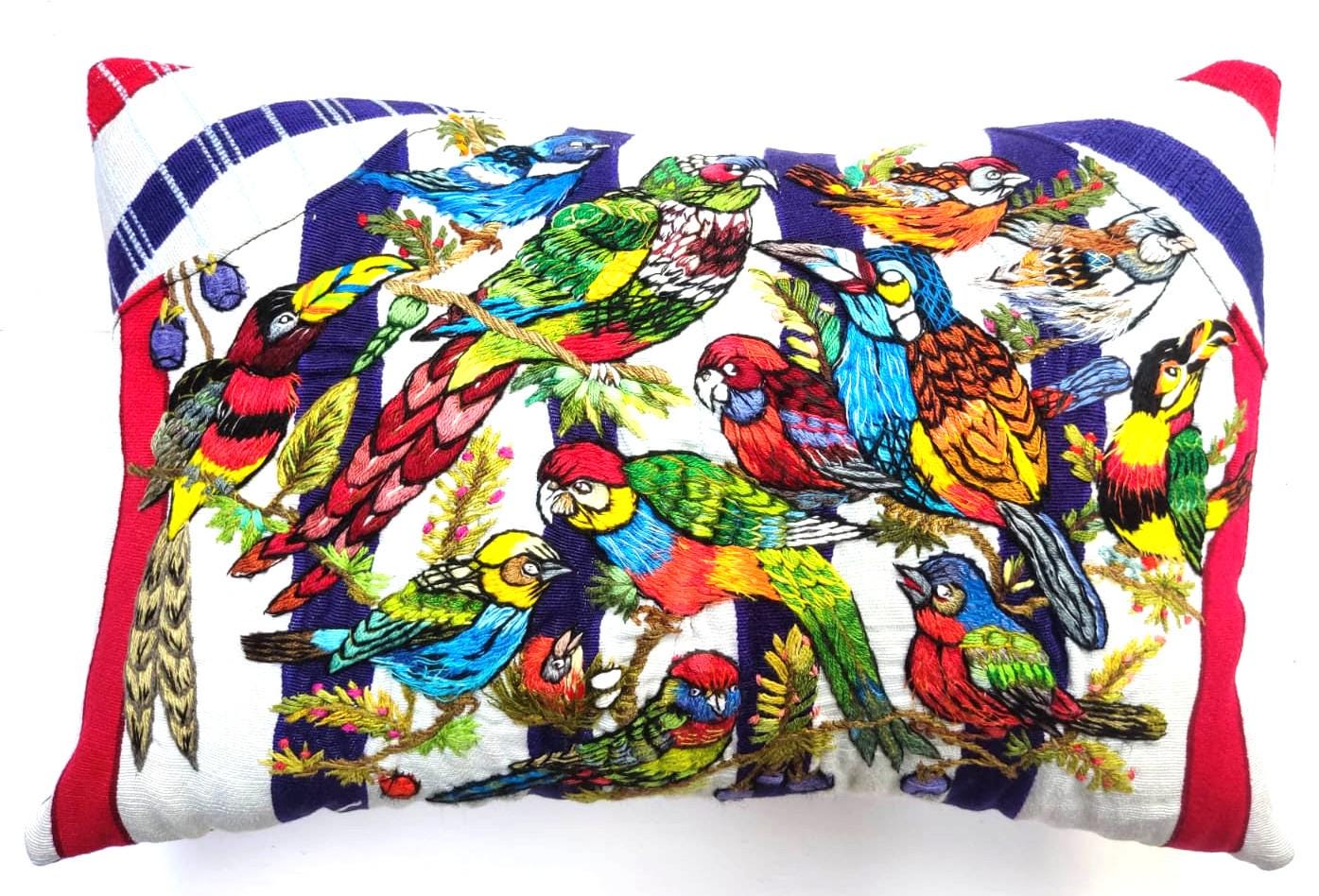 MINI Guatemala Hand Embroidery -Peacock Family- Pillow Cushion 8x8 - INSERT INCLUDED