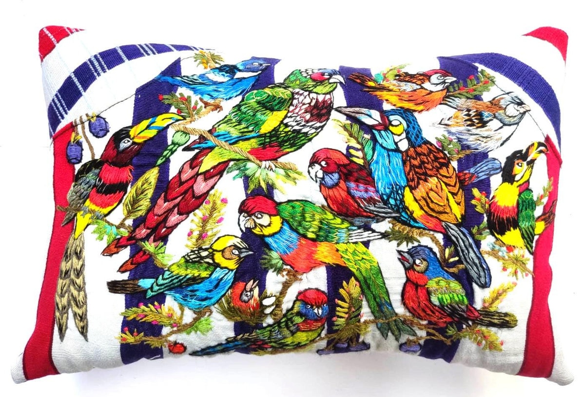 Hand Embroidery Pillow, BIRD Family Cushion 10x16 -