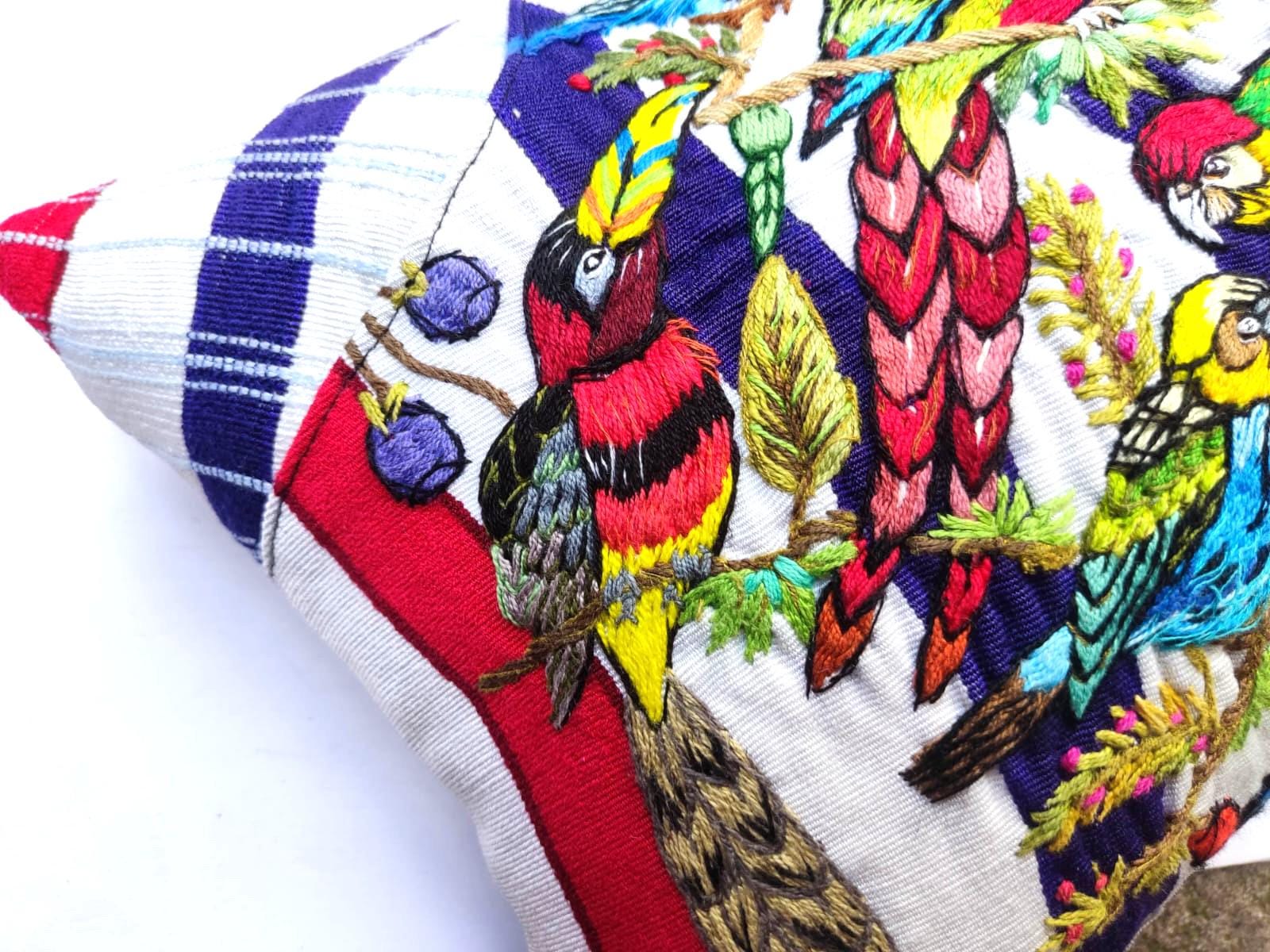 MINI Guatemala Hand Embroidery -Peacock Family- Pillow Cushion 8x8 - INSERT INCLUDED