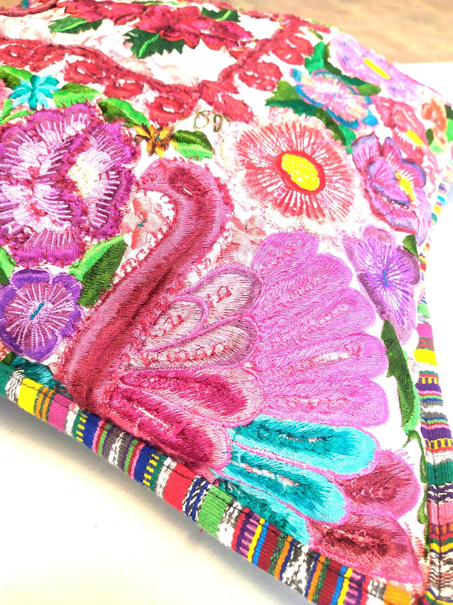 Guatemalan upcycled huipil pillow case cushion cover 19x19 inches -Butterflies, Rosters and floral
