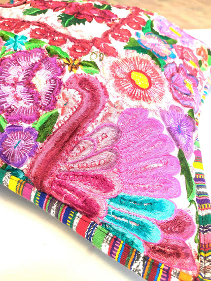 Guatemalan upcycled huipil pillow case cushion cover 19x19 inches -Butterflies, Rosters and floral