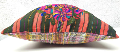Upcycled Huipil Pillow Case, Cushion Cover 19x19 inches -BIRDS and Floral