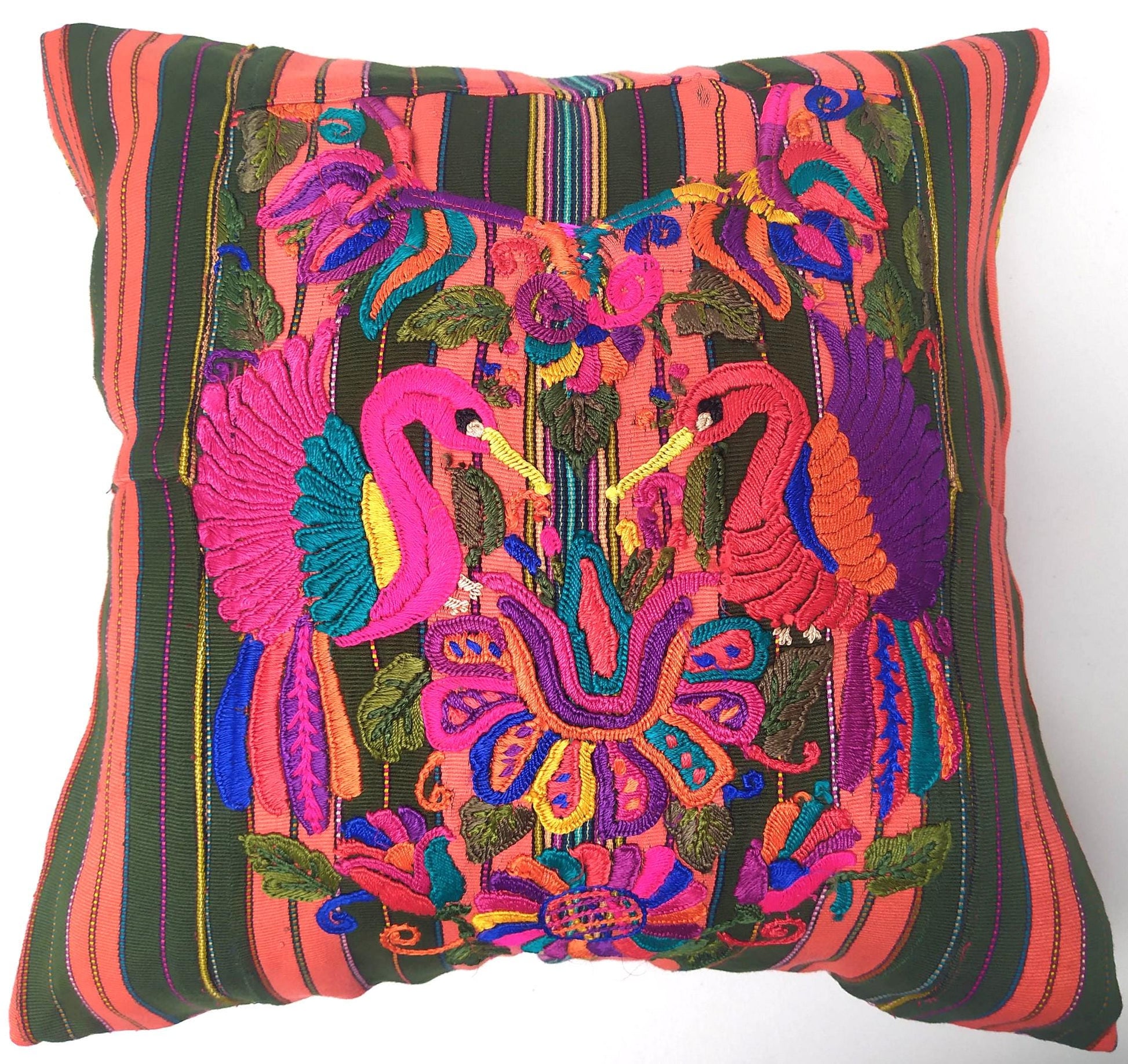 Upcycled Huipil Pillow Case, Cushion Cover 19x19 inches -BIRDS and Floral