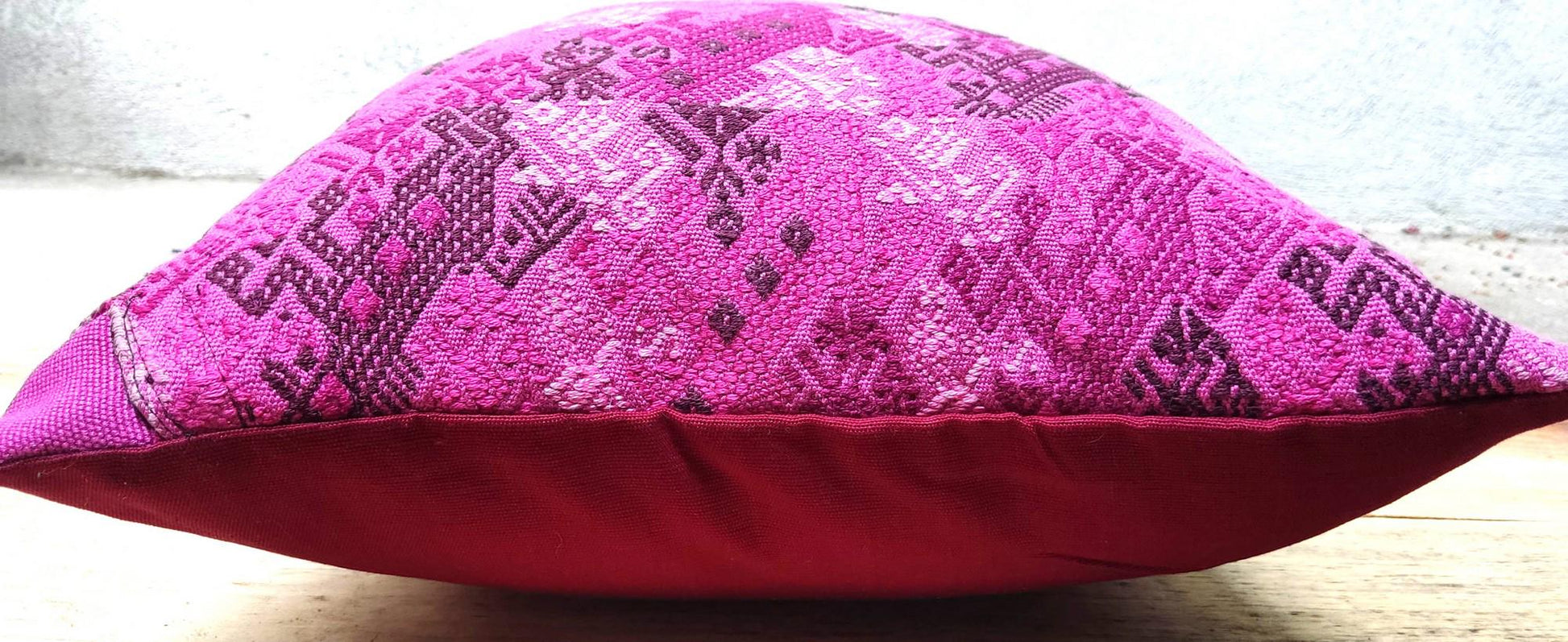 MINI Guatemala Hand Weaved Pillow, MONKEY and Horses Weaved Cushion 16x16, Burgundy NAHUALA Pillow Case