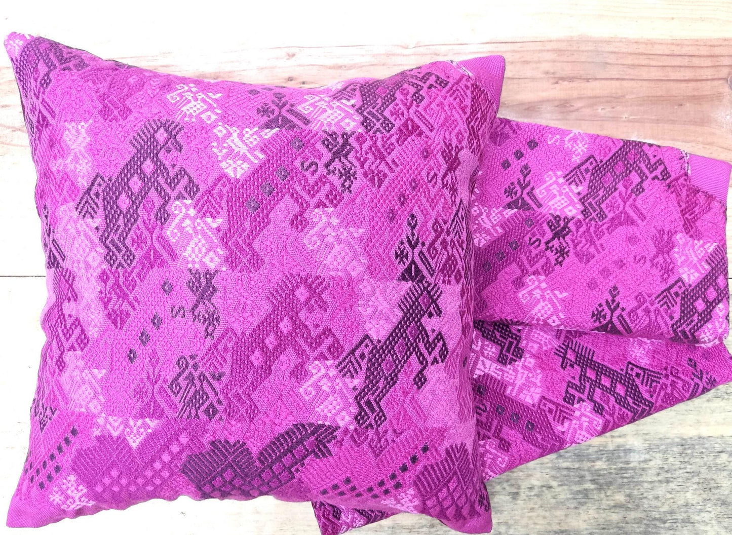 MINI Guatemala Hand Weaved Pillow, MONKEY and Horses Weaved Cushion 16x16, Burgundy NAHUALA Pillow Case