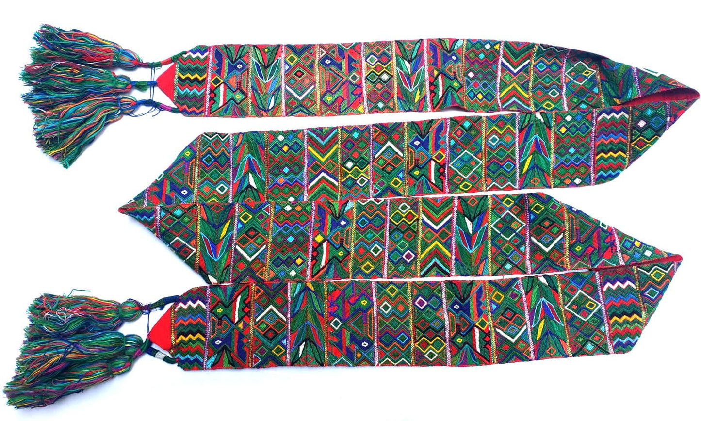 Vintage Red / Green Unique Guatemala Handmade WEAVED Cotton SASH CINTA from Aguacatan