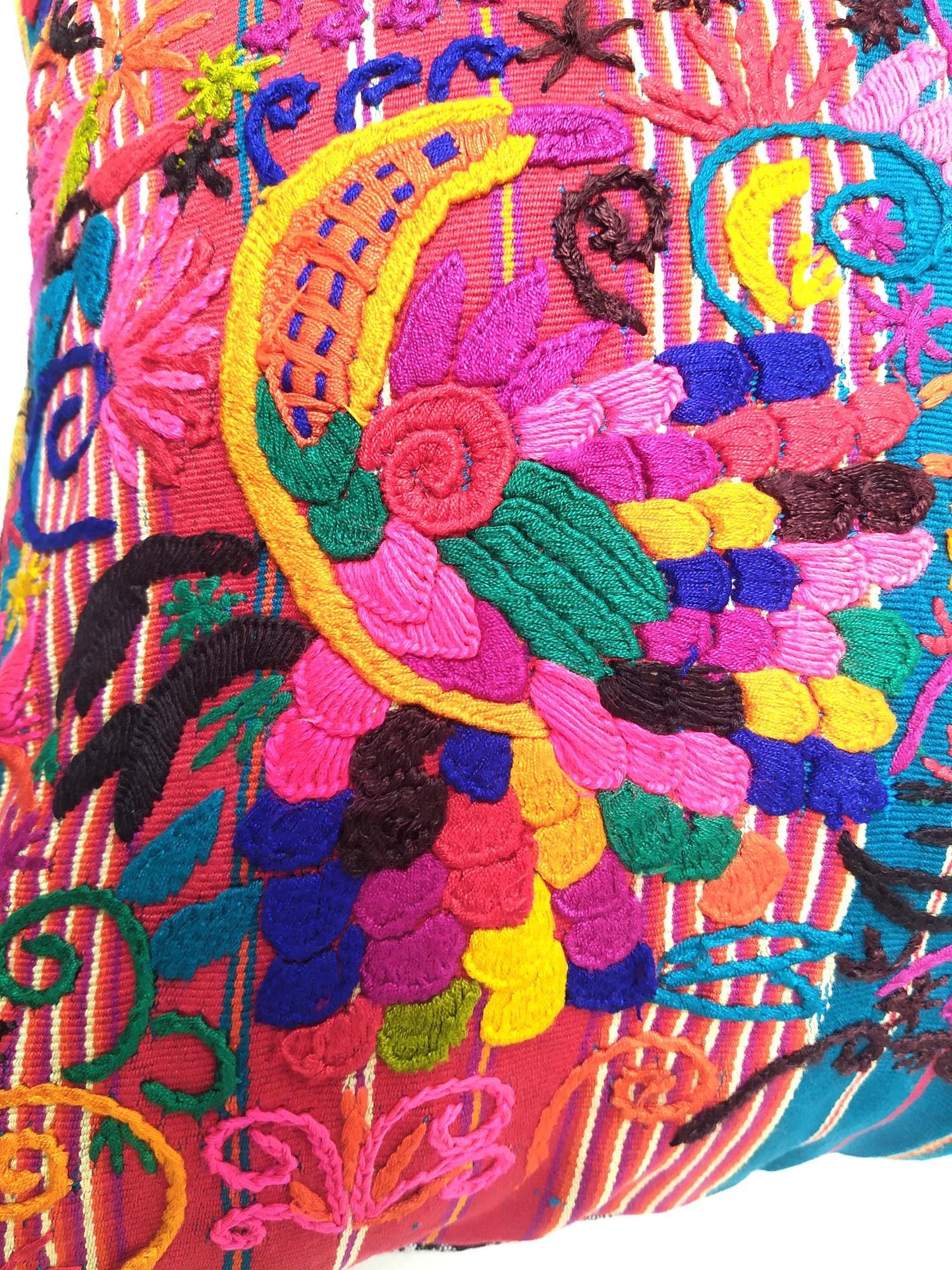 Guatemalan Hand-Embroidery Pillow, Green FUCHSIA COVER 18x18, Birds Embroidered case