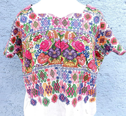 Unique Handmade Weaved WHITE Cotton Huipil, "Mayan Floral and BIRDS" Style, TECPAN Tunique