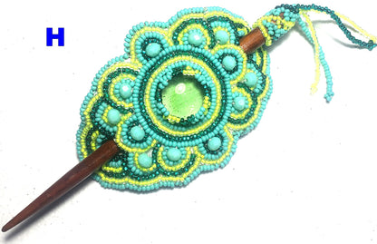 Czech Seed Bead Hair Clip Barrette: Guatemalan Leather & Wood