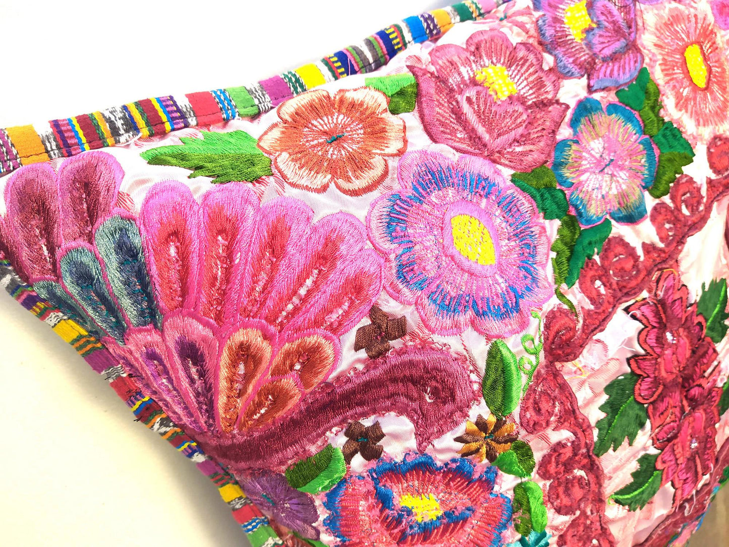 Guatemalan upcycled huipil pillow case cushion cover 19x19 inches -Butterflies, Rosters and floral