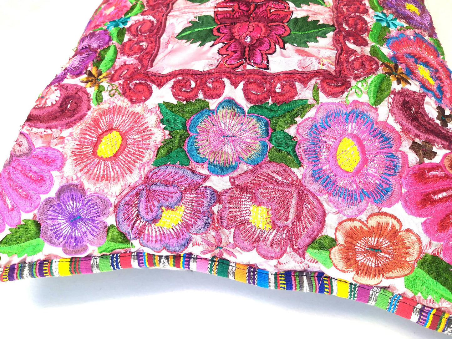 Guatemalan upcycled huipil pillow case cushion cover 19x19 inches -Butterflies, Rosters and floral