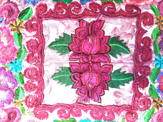 Guatemalan upcycled huipil pillow case cushion cover 19x19 inches -Butterflies, Rosters and floral