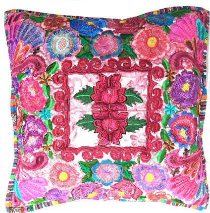 Guatemalan upcycled huipil pillow case cushion cover 19x19 inches -Butterflies, Rosters and floral