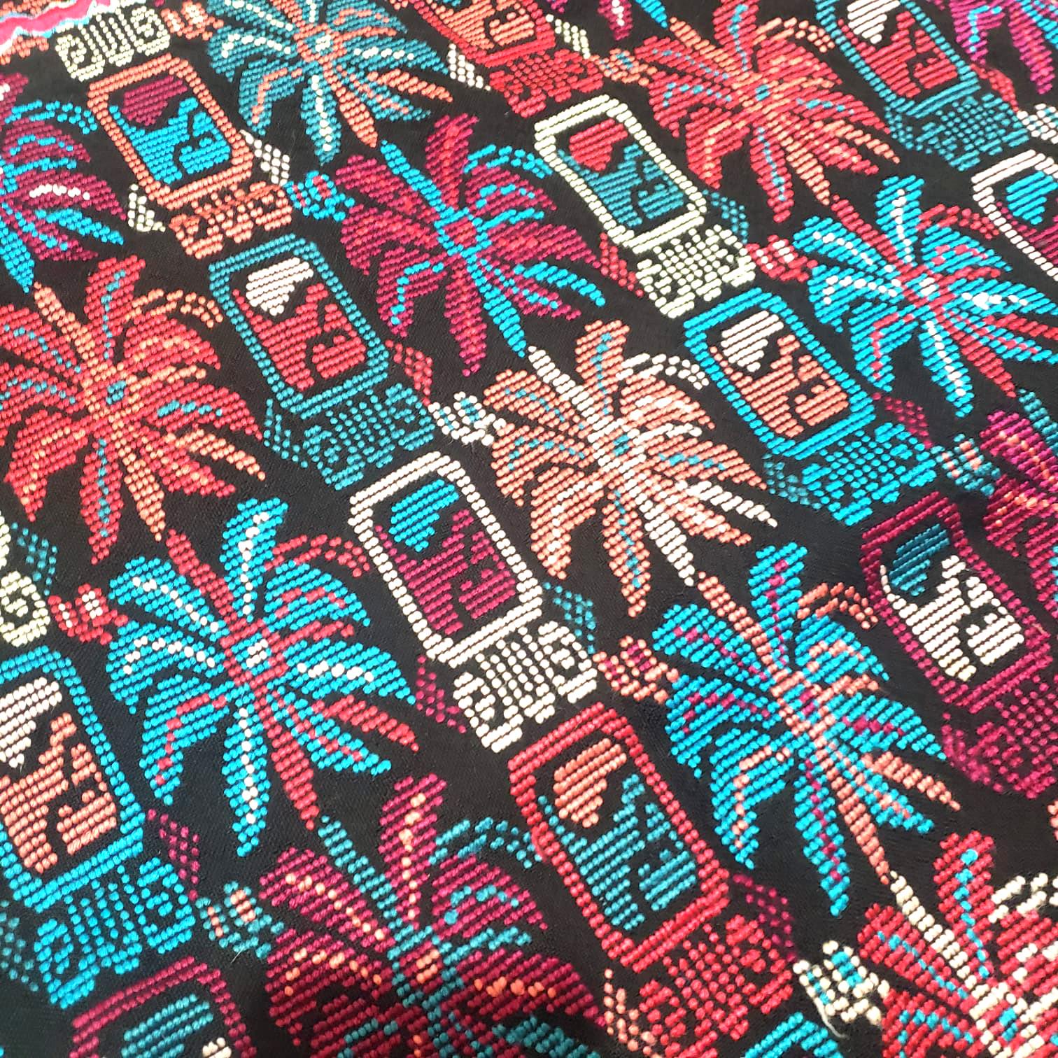 Unique Guatemala handmade weaved cotton multicolor Zunil Corte - fleur de lys and Mayan stones- Fabric per yard-