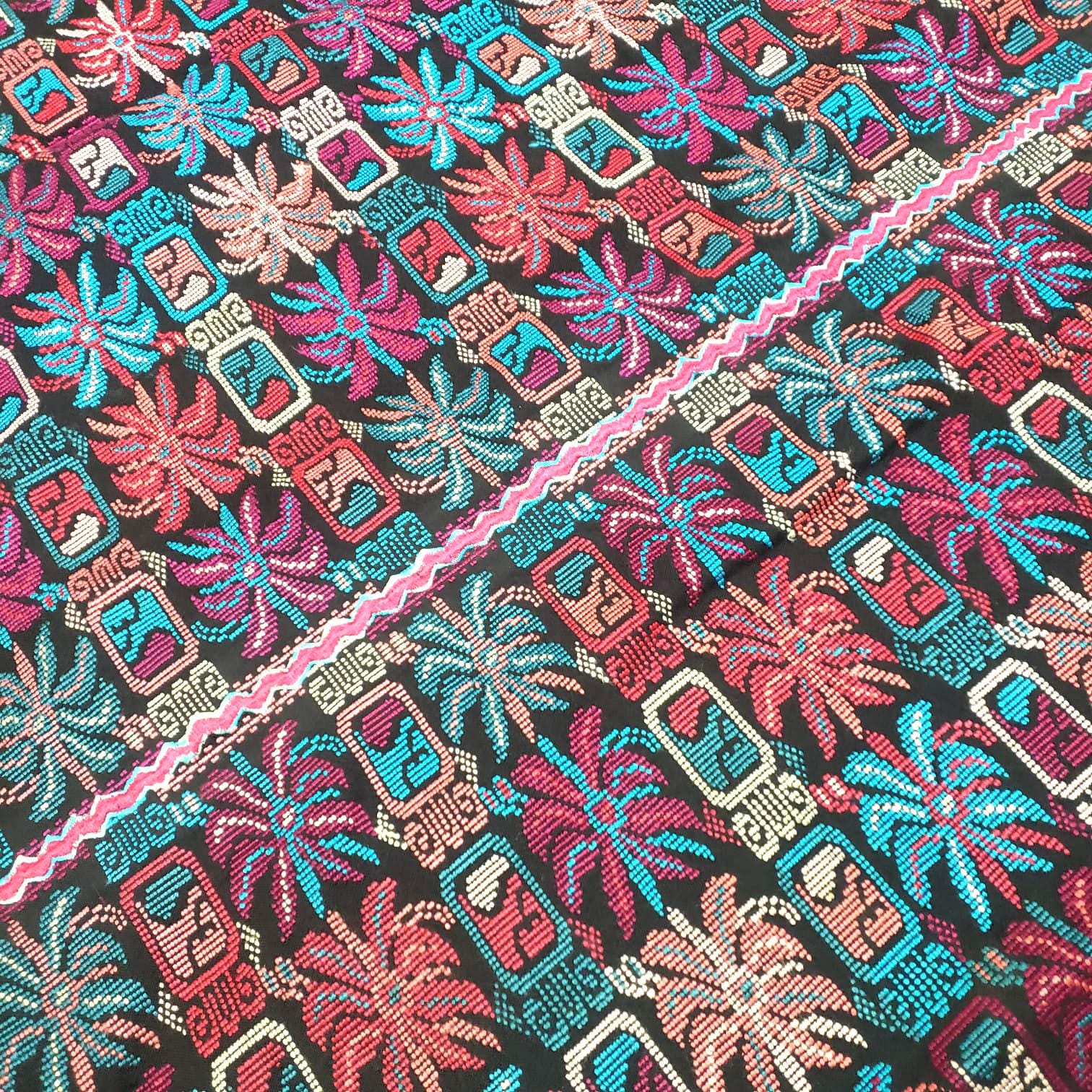 Unique Guatemala handmade weaved cotton multicolor Zunil Corte - fleur de lys and Mayan stones- Fabric per yard-