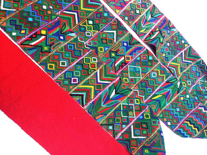 Vintage Red / Green Unique Guatemala Handmade WEAVED Cotton SASH CINTA from Aguacatan