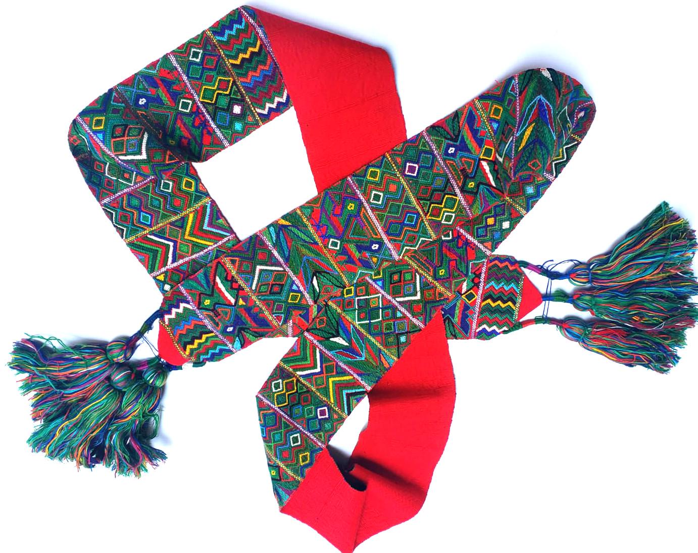 Vintage Red / Green Unique Guatemala Handmade WEAVED Cotton SASH CINTA from Aguacatan