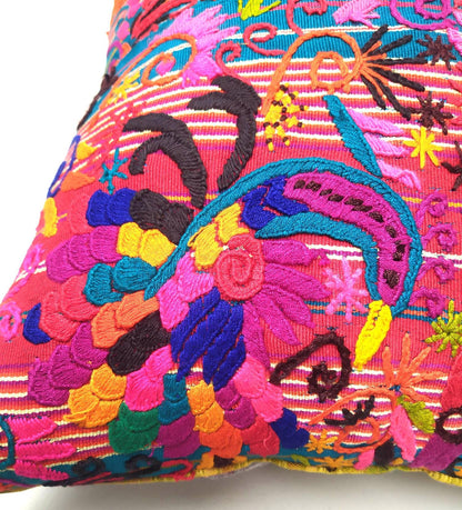 Guatemalan Hand-Embroidery Pillow, Green FUCHSIA COVER 18x18, Birds Embroidered case