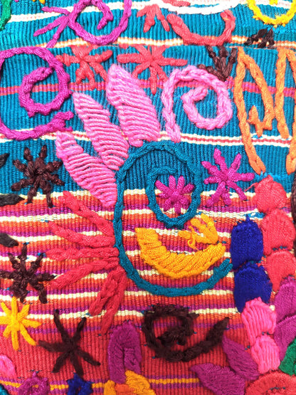 Guatemalan Hand-Embroidery Pillow, Green FUCHSIA COVER 18x18, Birds Embroidered case