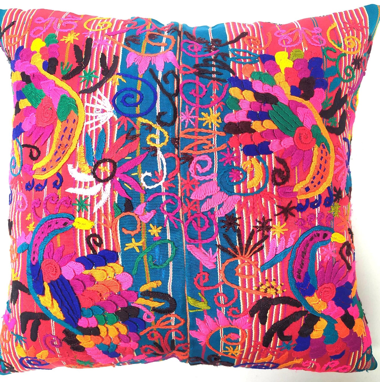 Guatemalan Hand-Embroidery Pillow, Green FUCHSIA COVER 18x18, Birds Embroidered case