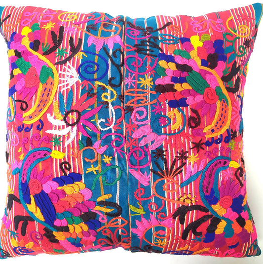 Guatemalan Hand-Embroidery Pillow, Green FUCHSIA COVER 18x18, Birds Embroidered case