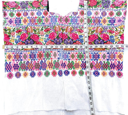 Unique Handmade Weaved WHITE Cotton Huipil, "Mayan Floral and BIRDS" Style, TECPAN Tunique