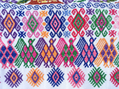 Unique Handmade Weaved WHITE Cotton Huipil, "Mayan Floral and BIRDS" Style, TECPAN Tunique
