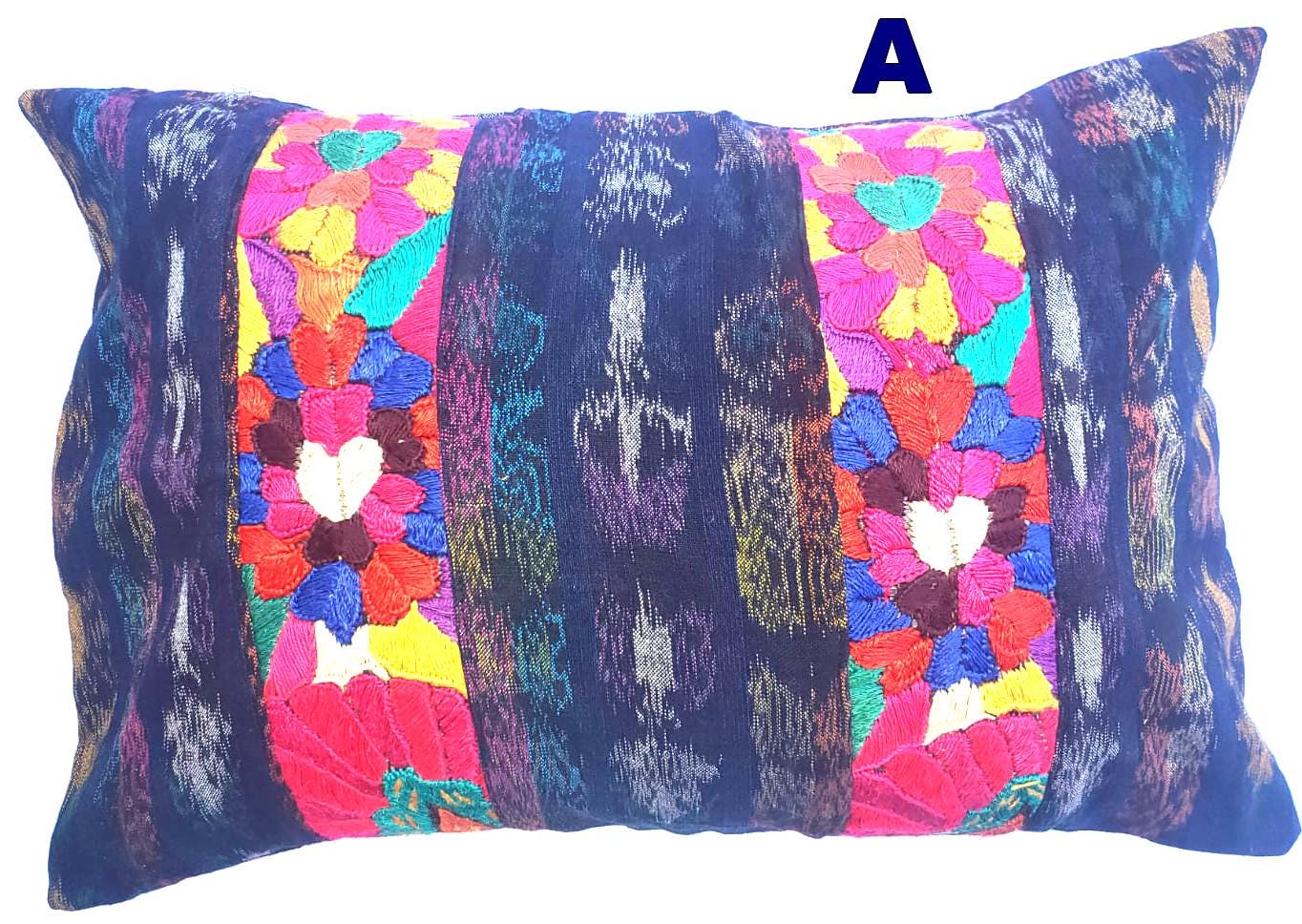 Guatemalan Hand-Embroidery - Floral- Pillow Case Cushion Cover 12x18 Indigo Red color