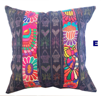 Guatemalan Hand-Embroidery - Floral- Pillow Case Cushion Cover 18x18 Indigo Red color
