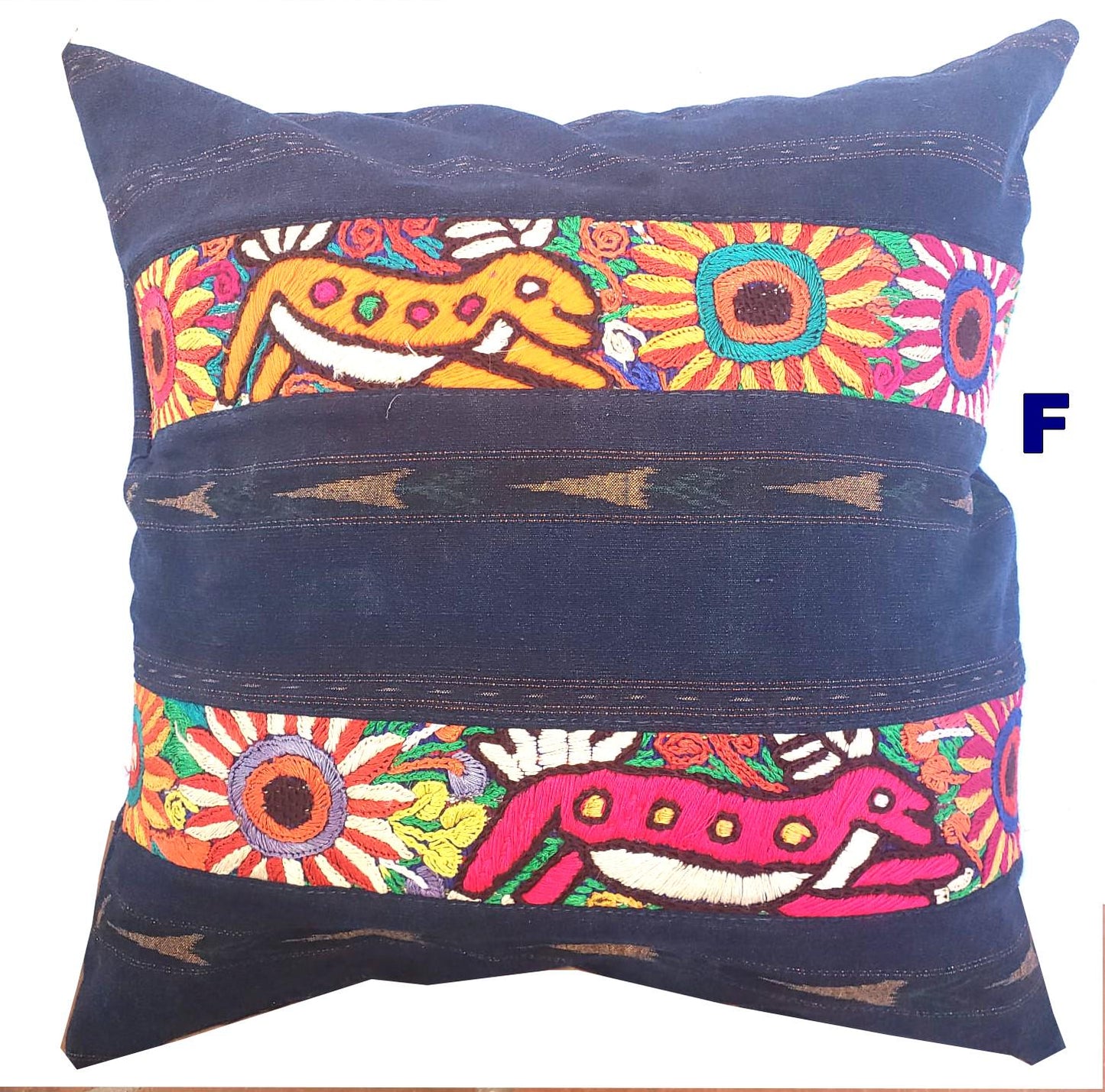 Guatemalan Hand-Embroidery - Floral- Pillow Case Cushion Cover 18x18 Indigo Red color