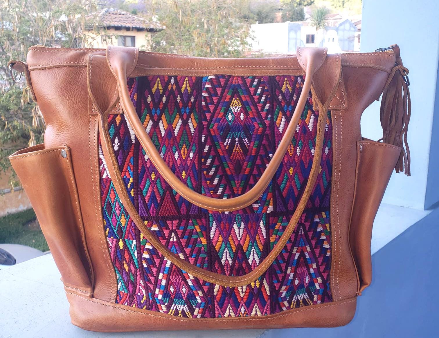 Huipil Leather Convertible Backpack: Mayan Eagle Design, Adjustable Straps