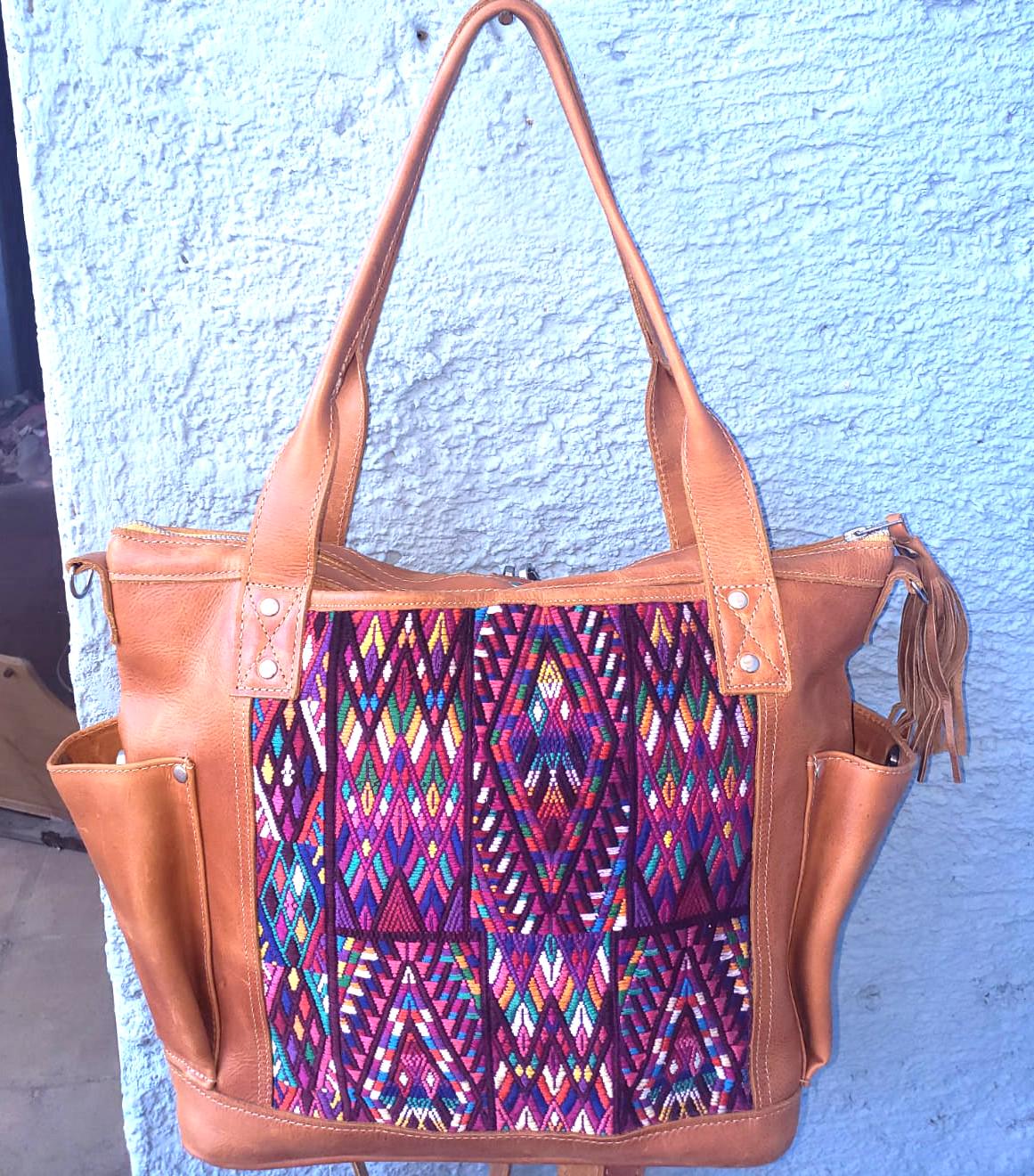 Huipil Leather Convertible Backpack: Mayan Eagle Design, Adjustable Straps