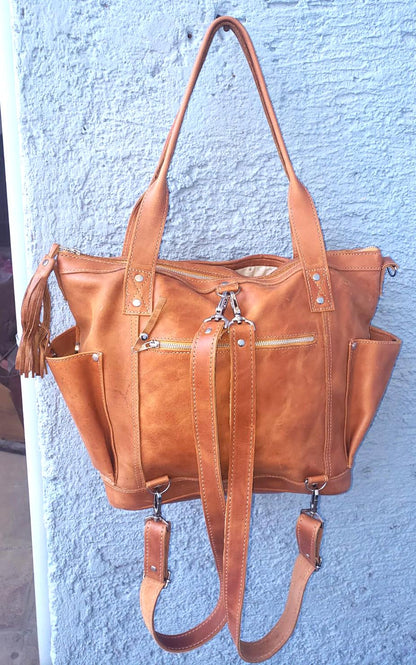 Huipil Leather Convertible Backpack: Mayan Eagle Design, Adjustable Straps