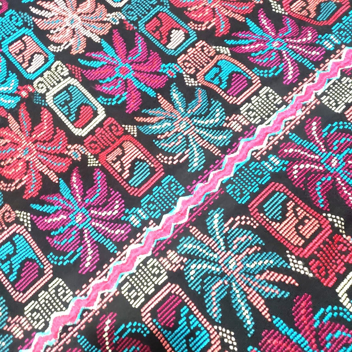Unique Guatemala handmade weaved cotton multicolor Zunil Corte - fleur de lys and Mayan stones- Fabric per yard-