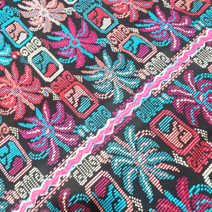 Unique Guatemala handmade weaved cotton multicolor Zunil Corte - fleur de lys and Mayan stones- Fabric per yard-