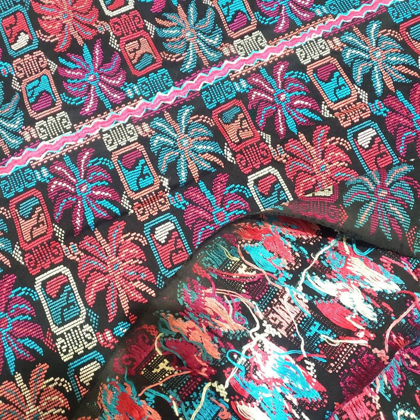 Unique Guatemala handmade weaved cotton multicolor Zunil Corte - fleur de lys and Mayan stones- Fabric per yard-