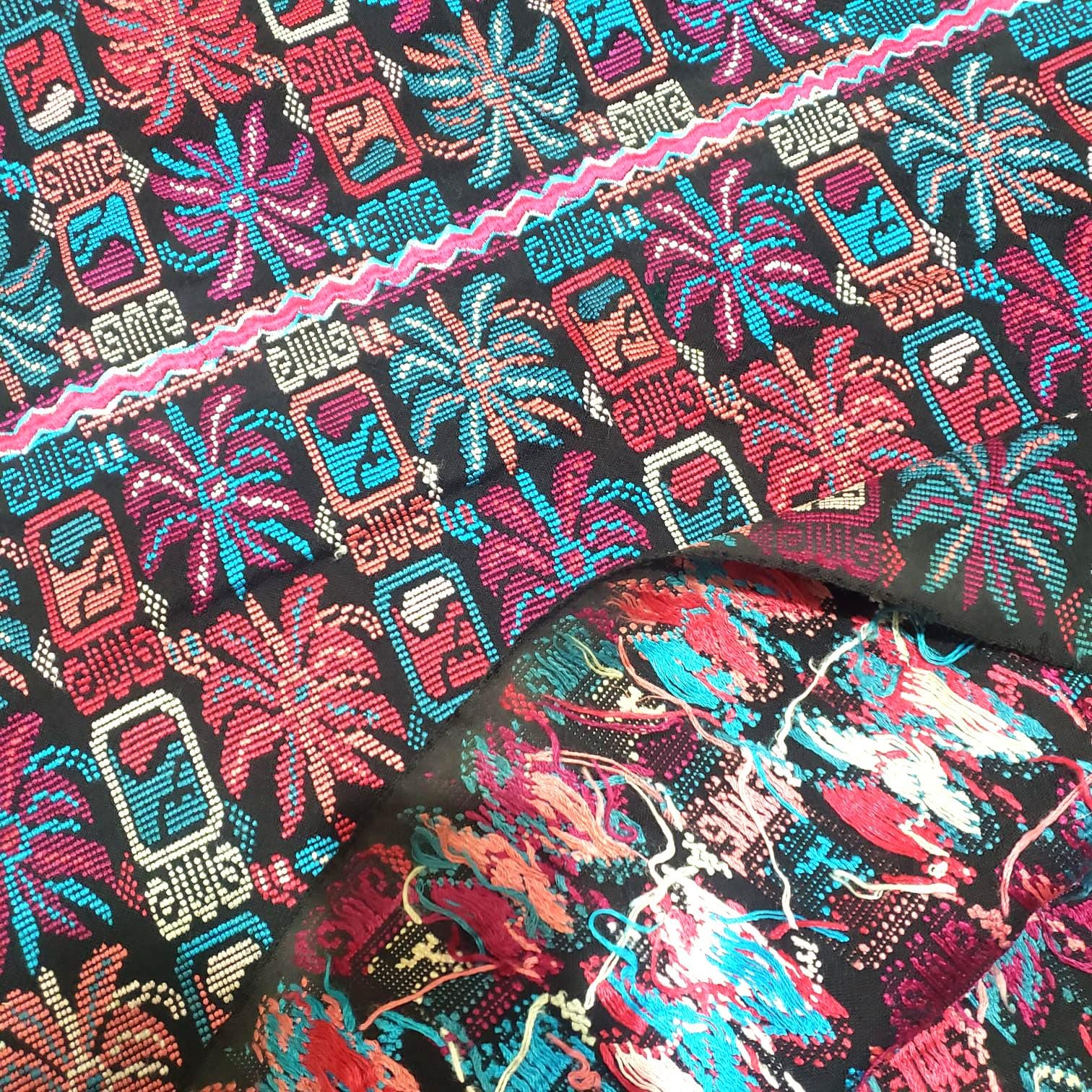 Unique Guatemala handmade weaved cotton multicolor Zunil Corte - fleur de lys and Mayan stones- Fabric per yard-