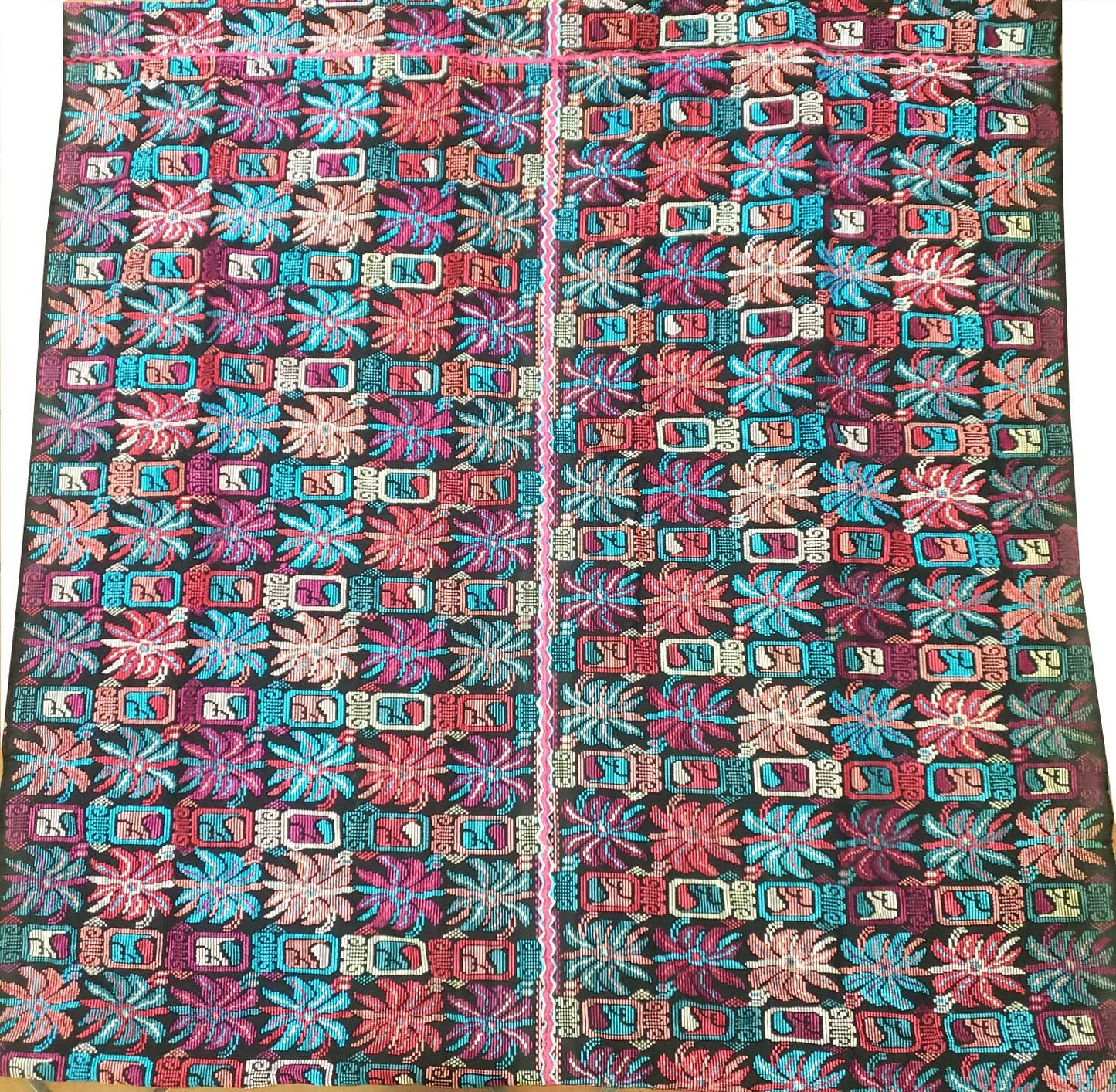Unique Guatemala handmade weaved cotton multicolor Zunil Corte - fleur de lys and Mayan stones- Fabric per yard-