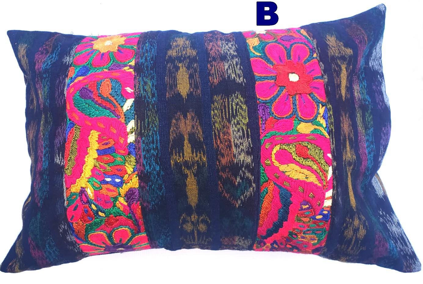 Guatemalan Hand-Embroidery - Floral- Pillow Case Cushion Cover 12x18 Indigo Red color