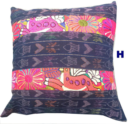 Guatemalan Hand-Embroidery - Floral- Pillow Case Cushion Cover 18x18 Indigo Red color