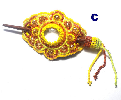 Czech Seed Bead Hair Clip Barrette: Guatemalan Leather & Wood
