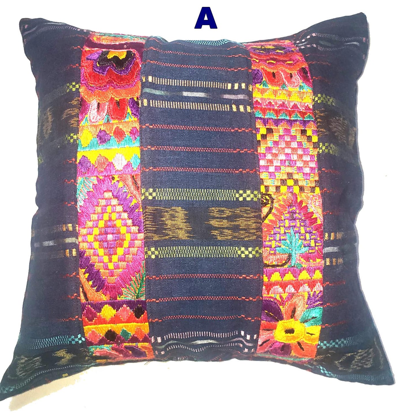 Guatemalan Hand-Embroidery - Floral- Pillow Case Cushion Cover 18x18 Indigo Red color