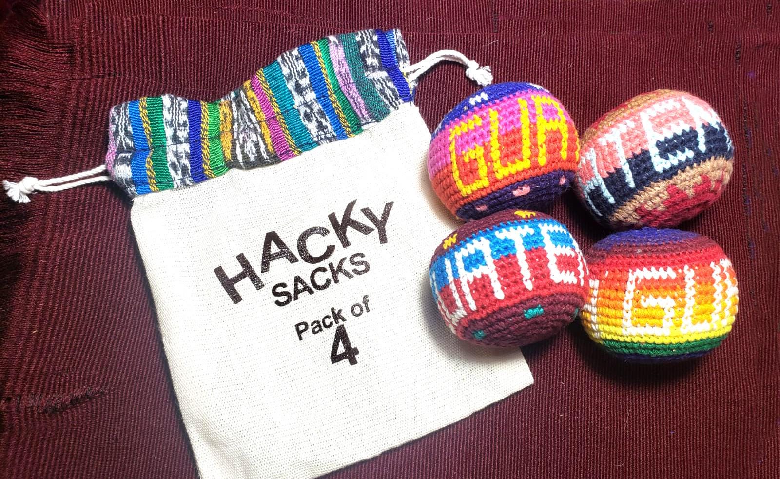 Set of 4 Guatemala Stress Relief Crocheted Cotton HACKY SACKS, Juggling Balls Toy With STORAGE Bag
